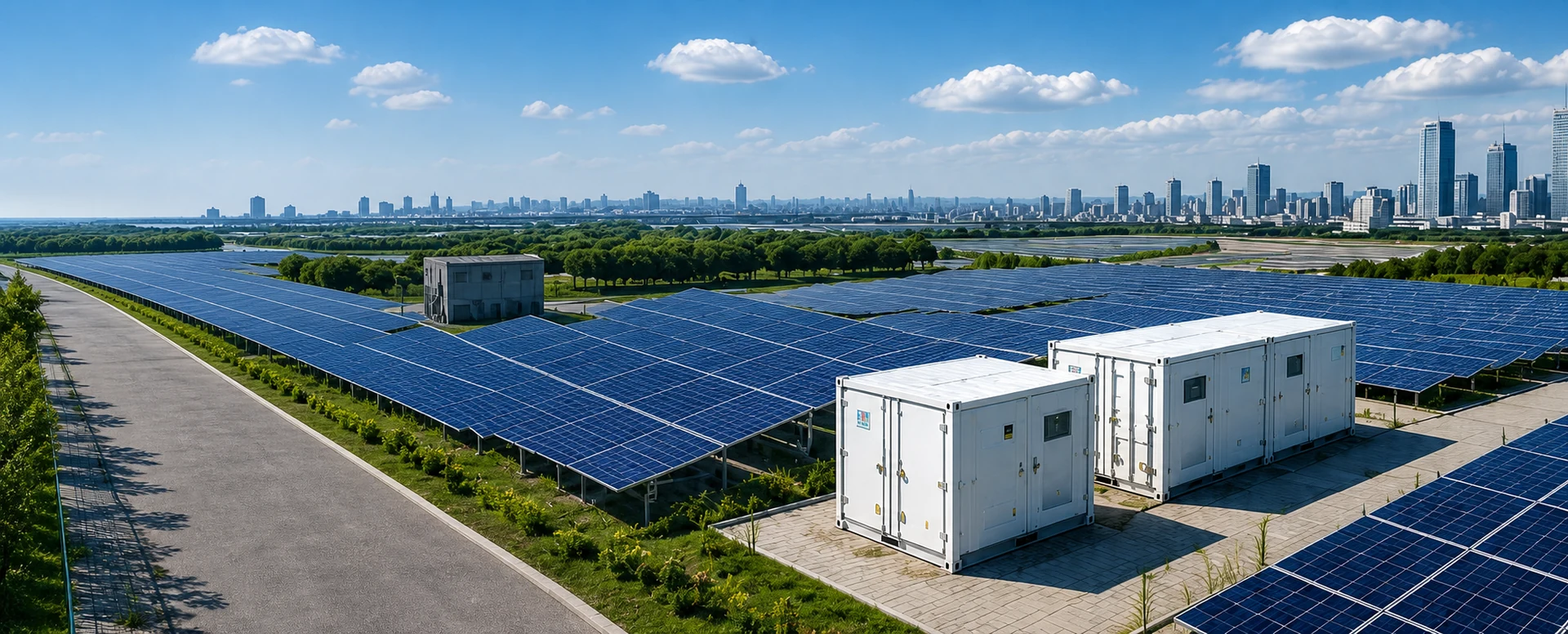 太陽光発電所と都市の遠景