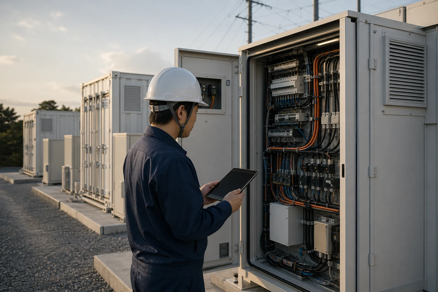 系統用蓄電池設備を点検する技術者